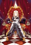  apron axis_powers_hetalia bad_id bad_pixiv_id belarus_(hetalia) birdcage blonde_hair blue_eyes bow cage cane checkered checkered_floor cross crossed_legs curtains gloves hair_bow legs long_hair neyti pantyhose perspective sitting solo throne 