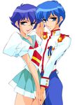  1girl 90s aiguillette artist_request blue_eyes blue_hair blue_sailor_collar brother_and_sister flipped_hair highres kaoru_kozue kaoru_miki ootori_gakuen_school_uniform sailor_collar school_uniform short_hair shoujo_kakumei_utena siblings twins white_background 