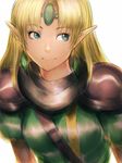  armor backlighting bangs between_breasts blonde_hair blue_eyes breasts circlet closed_mouth dungeons_&amp;_dragons:_shadow_over_mystara dungeons_&amp;_dragons:_tower_of_doom dungeons_and_dragons earrings elf fumio_(rsqkr) jewelry light_smile long_hair long_pointy_ears looking_to_the_side lucia_(d&amp;d) parted_bangs pauldrons pointy_ears short_sleeves simple_background sketch smile solo strap_cleavage upper_body white_background 