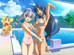  armpits bikini blue_hair bonta-kun braid brown_eyes chidori_kaname day full_metal_panic! highres horiuchi_osamu long_hair low-tied_long_hair multiple_girls official_art pool silver_hair starting_block swimsuit teletha_testarossa third-party_edit 