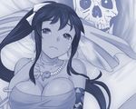  blue breasts cleavage dark_skin facial_mark jewelry large_breasts magatama monochrome necklace sarong sarong_removed sekaiju_no_meikyuu shilleka skull solo sweat ume_(driveume) 