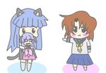  :t artist_request blue_skirt blush character_doll chibi closed_mouth doll furude_rika hanyuu higurashi_no_naku_koro_ni lowres multiple_girls pleated_skirt pout ryuuguu_rena sailor_collar school_uniform serafuku shirt simple_background skirt standing white_background white_shirt 