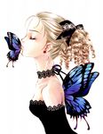  bare_shoulders black_dress blonde_hair blue_wings bow bug butterfly butterfly_wings choker closed_eyes curly_hair dress earrings flower_earrings from_side hair_bow highres insect jewelry lace lace-trimmed_dress lace_choker minakami_kaori original ponytail profile ribbon ringlets simple_background solo upper_body white_background wings 
