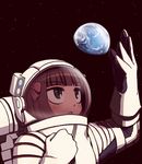  amami_haruka brown_eyes brown_hair earth idolmaster idolmaster_(classic) idolmaster_live_for_you! ribbon riyo_(lyomsnpmp) short_hair solo space spacesuit 