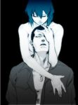  1girl blue closed_eyes cyborg dog_tags ghost_in_the_shell gradient hand_on_another's_head hug hug_from_behind kusanagi_motoko monochrome non-web_source open_clothes open_shirt saitou_(ghost_in_the_shell) shirt short_hair topless 