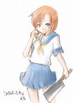  blue_eyes hatchet higurashi_no_naku_koro_ni nose_hatchet orange_hair ryuuguu_rena school_uniform serafuku short_hair solo unohana_tsukasa weapon 