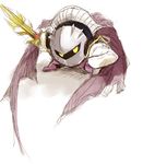  armor artist_request cape fighting_stance galaxia_(sword) gloves kirby_(series) lowres mask meta_knight no_humans simple_background solo sword weapon white_background yellow_eyes 