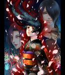  2girls bangs black_hair blunt_bangs enma_ai flower highres hime_cut hone_onna ichimoku_ren japanese_clothes jigoku_shoujo kayu kimono long_hair multiple_boys multiple_girls petals red_eyes spider_lily wanyuudo wind 