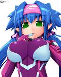  blue_hair bodysuit breast_squeeze breasts finger_to_mouth green_eyes headband klan_klein large_breasts long_hair macross macross_frontier older pointy_ears potion_(moudamepo) purple_bodysuit skin_tight solo twintails very_long_hair 