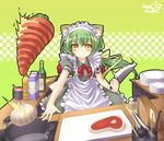  animal_ears apron bad_id bad_pixiv_id carrot cat_ears cooking copyright_request food green_hair hair_ribbon highres kitchen knife long_hair maid meat onion ponytail ribbon solo zenn 