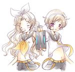  1girl alternate_hairstyle artist_request blush brown_hair closed_eyes code_geass cosplay headphones holding_hands kagamine_len kagamine_len_(cosplay) kagamine_rin kagamine_rin_(cosplay) long_hair lowres midriff nunnally_lamperouge purple_eyes ribbon rolo_lamperouge vocaloid 