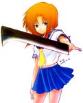  blue_eyes hatchet higurashi_no_naku_koro_ni nose_hatchet orange_hair ryuuguu_rena school_uniform serafuku short_hair slice_pork solo weapon 