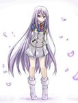  boots cherry_blossoms felli_loss koukaku_no_regios long_hair minarai necktie petals purple_eyes purple_hair solo 