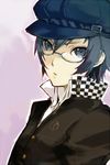  androgynous arisaka_ako bad_id bad_pixiv_id blue_eyes blue_hair cabbie_hat glasses hat persona persona_4 reverse_trap shirogane_naoto short_hair solo 