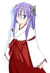  blue_eyes hakama hiiragi_kagami japanese_clothes long_hair lucky_star miko non-web_source purple_hair red_hakama solo twintails 