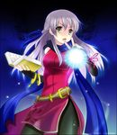  2007 :o artist_request bare_shoulders belt black_gloves black_legwear blue_scarf book dress elbow_gloves fingerless_gloves fire_emblem fire_emblem:_akatsuki_no_megami gloves hair_ribbon half_updo long_hair magic micaiah pantyhose ribbon scarf side_slit silver_hair sleeveless sleeveless_dress solo v-shaped_eyebrows yellow_eyes 