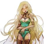  blonde_hair blush breasts cape celes_chere cleavage closed_eyes elbow_gloves final_fantasy final_fantasy_vi gloves green_leotard large_breasts laughing leotard long_hair lowres solo suimin thighhighs very_long_hair 