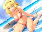  artist_request beach bikini blonde_hair breasts cleavage day giryuu_kahoruko green_eyes hairband kneeling large_breasts non-web_source onee-san_x_scratch short_hair solo sweat swimsuit 