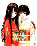  black_hair highres japanese_clothes kimono long_hair multiple_girls obi okazaki_takeshi original sash short_hair 
