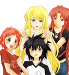  3girls animal_ears black_hair blonde_hair blush brown_eyes denim green_eyes inugami_kotarou jeans long_hair mahou_sensei_negima! midriff multiple_girls murakami_natsumi naba_chizuru pants raglan_sleeves red_hair short_hair yukihiro_ayaka 