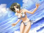  beach bikini black_eyes black_hair day jpeg_artifacts kurosu_kanata memories_off non-web_source short_hair solo swimsuit wallpaper 