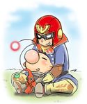  between_legs boots brown_hair captain_falcon f-zero gloves grin helmet hug hug_from_behind koma_(side) leaf lowres multiple_boys nose olimar pikmin_(creature) pikmin_(series) pointy_ears scarf sitting smile spacesuit super_smash_bros. 