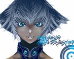  1girl animal_ears animal_nose bad_id bad_pixiv_id blue_eyes copyright_name dark_skin engrish face fangs halterneck light_smile looking_at_viewer nayu phantasy_star phantasy_star_portable portrait ranguage short_hair silver_hair simple_background solo typo white_background 