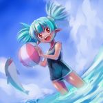  :d aqua_hair ball beachball dolphin dutch_angle edobox one-piece_swimsuit open_mouth original pointy_ears red_eyes school_swimsuit smile solo swimsuit twintails wading water 