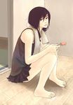  barefoot black_hair copyright_request feet food kuji long_hair popsicle sitting solo towel 