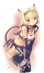  animal_ears blonde_hair blue_eyes bow cat_ears final_fantasy final_fantasy_xi headband kawata_hisashi midriff mithra ribbon smile solo tail thighhighs 