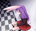 animal_ears bunny_ears bunny_tail checkered checkered_floor eyelashes from_above long_hair purple_hair red_eyes reisen_udongein_inaba signature sitting solo tail tetsuka thighhighs touhou vanishing_point 