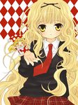  &gt;_&lt; :&lt; blazer blonde_hair closed_eyes guardian_chara hanabana_tsubomi highres jacket kusu_kusu_(shugo_chara!) long_hair mashiro_rima multiple_girls plaid plaid_skirt polka_dot school_uniform shugo_chara! skirt very_long_hair yellow_eyes 