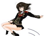  :o ankle_boots bad_id bad_pixiv_id black_hair blush boots full_body jumping long_sleeves miniskirt outstretched_arm parted_lips pleated_skirt red_eyes school_uniform setsuko_ohara sima simple_background skirt solo super_robot_wars white_background 