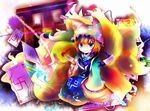  bad_id bad_pixiv_id bangs blonde_hair blue_eyes blunt_bangs colorful expressionless fox_tail hat jitome kazu_(muchuukai) long_sleeves multiple_tails pillow_hat short_hair solo tabard tail tassel touhou wide_sleeves yakumo_ran 