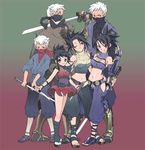  3girls ayame_(tenchu) bare_shoulders black_hair breasts cleavage fishnets height_difference hip_vent japanese_clothes kodachi lowres mask medium_breasts midriff multiple_boys multiple_girls multiple_persona navel ninja ninjatou older one_eye_closed rikimaru short_ponytail short_sword sleeveless source_request suika_(suika-dokei) sword teenage tenchuu weapon white_hair younger 