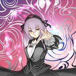  fingernails flower frills gathers hairband houtengeki long_hair looking_at_viewer outstretched_arm purple_eyes purple_hair reaching red_eyes rozen_maiden solo suigintou 