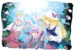  animal_ears blonde_hair bunny_ears grey_hair hair_ribbon hat long_hair mosuke multiple_girls necktie orange_eyes purple_hair red_eyes reisen_udongein_inaba ribbon touhou watatsuki_no_toyohime watatsuki_no_yorihime yellow_eyes 