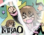  &gt;_&lt; brown_hair closed_eyes fang kamina_pose konjoe kusakabe_misao lucky_star pointing pointing_up ryouou_school_uniform school_uniform serafuku short_hair star 