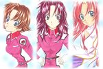  belt blue_eyes brown_hair flay_allster gundam gundam_seed hair_ornament hairclip hands_on_hips lacus_clyne leaning_forward lineup long_hair military military_uniform miriallia_haw multiple_girls pink_hair purple_eyes red_hair short_hair silver_eyes uniform very_long_hair 