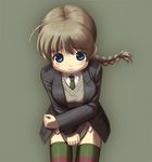  blazer blue_eyes braid brown_hair covering covering_crotch harak jacket long_hair lynette_bishop necktie shirt_tug single_braid solo strike_witches striped striped_legwear sweater sweater_vest thighhighs vest world_witches_series worried 