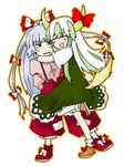  blue_hair blush dealca dress ex-keine fujiwara_no_mokou green_hair happy horns hug kamishirasawa_keine multiple_girls ribbon tail touhou 