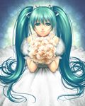  aqua_eyes aqua_hair bouquet bride dress flower hatsune_miku kayu long_hair rose solo twintails vocaloid wedding_dress white_flower white_rose 