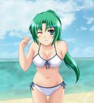  artist_request beach bikini blush breasts cleavage cloud collarbone day green_eyes green_hair higurashi_no_naku_koro_ni large_breasts long_hair navel ocean one_eye_closed outdoors ponytail sand side-tie_bikini sky smile solo sonozaki_mion standing swimsuit waves 