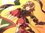  akiyoshi_haru asymmetrical_clothes book brown_hair fingerless_gloves foreshortening gloves goggles green_eyes looking_back rita_mordio scroll short_hair single_thighhigh tales_of_(series) tales_of_vesperia thighhighs yellow_background 