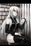  bdsm black_eyes bondage bound bound_wrists breasts chain copyright_request elbow_gloves elf gloves large_breasts long_hair minarai pointy_ears silver_hair solo thighhighs 