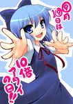  1girl blue_eyes blue_hair bow cirno foreshortening hands open_mouth outstretched_hand simple_background smile solo touhou translated yukizuki_chikuba 