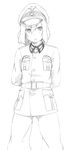  :&lt; arms_behind_back copyright_request greyscale hat looking_at_viewer majima_yuki military military_uniform monochrome peaked_cap short_hair simple_background solo uniform white_background 