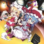  :d ahoge ascot bat_wings black_legwear blonde_hair blue_hair blush bow cable camera closed_eyes fang flandre_scarlet grey_hair hair_bow hat hat_bow holding izayoi_sakuya lights loafers looking_at_viewer microphone multiple_girls musical_note noya_makoto open_mouth pointy_ears red_eyes remilia_scarlet shoes siblings side_ponytail sisters skirt skirt_set smile stage standing thighhighs touhou white_legwear wings wrist_cuffs 