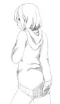  copyright_request from_behind greyscale hood hoodie looking_back majima_yuki monochrome short_hair simple_background solo white_background 