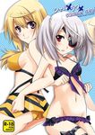  back-to-back bikini bikini_skirt blonde_hair charlotte_dunois eyepatch infinite_stratos laura_bodewig long_hair multiple_girls purple_eyes red_eyes silver_hair swimsuit twintails yamaki_suzu 